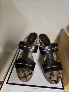 Coach Black Leather & Signature Canvas Slide Mules